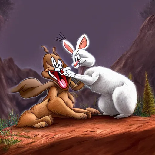 Image similar to bugs bunny being eaten by a mountain lion, digital art, 4k