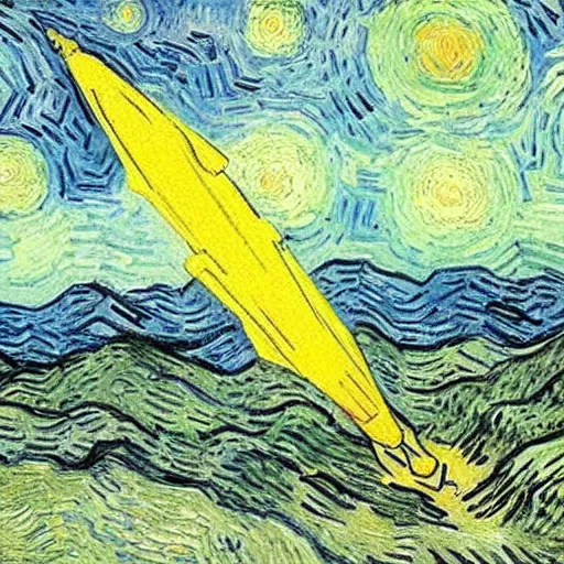 Image similar to a painting of a space ship launching by van gogh