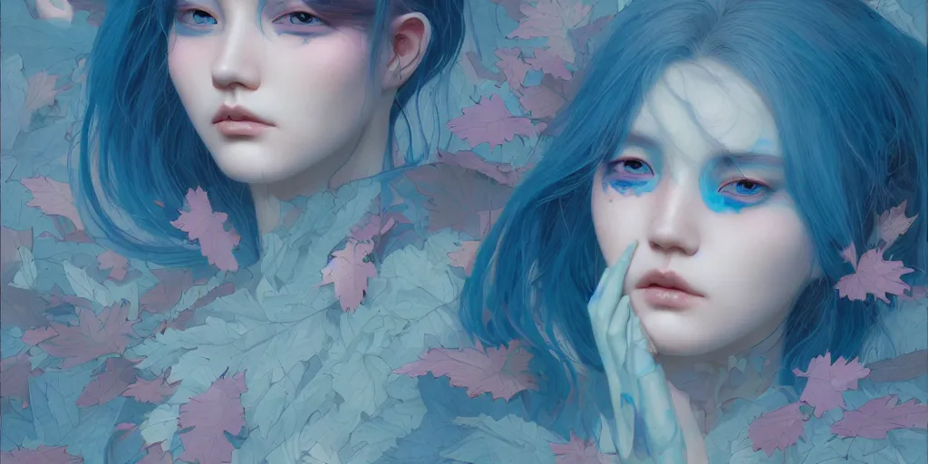 Prompt: breathtaking detailed concept art painting pattern with pastel colors of blue hair faces goddesses amalgamation autumn leaves with anxious piercing eyes, by hsiao - ron cheng and james jean, bizarre compositions, exquisite detail, 8 k