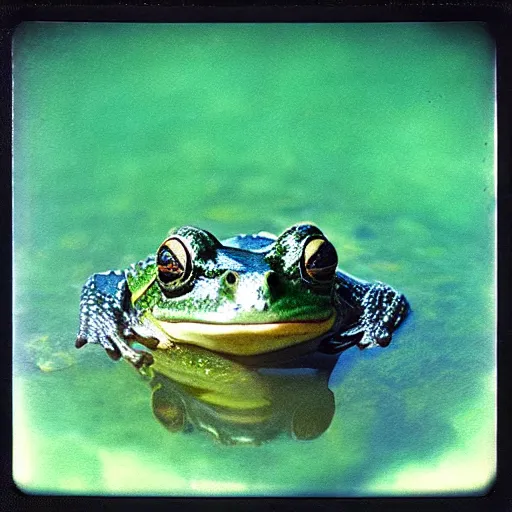 Image similar to “semitranslucent smiling frog amphibian rising above the waters of misty lake in Jesus Christ pose, low angle, polaroid shot by Andrei Tarkovsky, paranormal, spiritual, mystical”