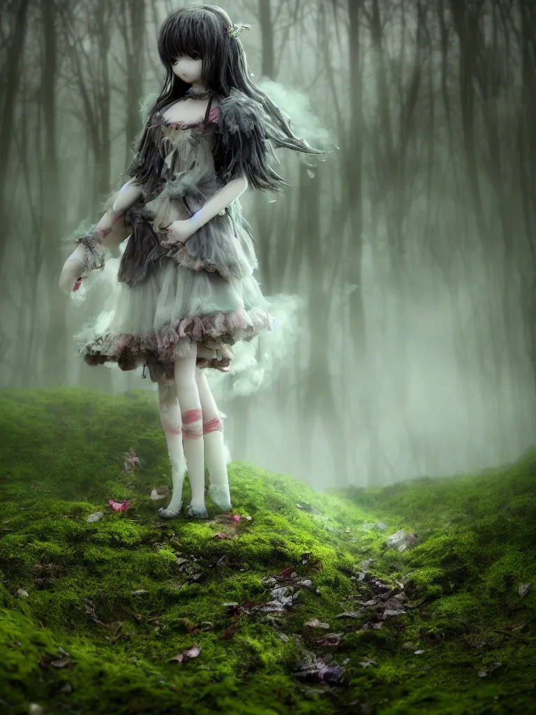 Prompt: cute fumo plush girl gothic maiden walking through the mossy rosy grandeur gate of the fallen kingdom, tattered striped trailing dress of glowing wispy smoke and fog, ethereal volumetric light shaft fog, puddles, unnatural color, rule of thirds, vignette, vray