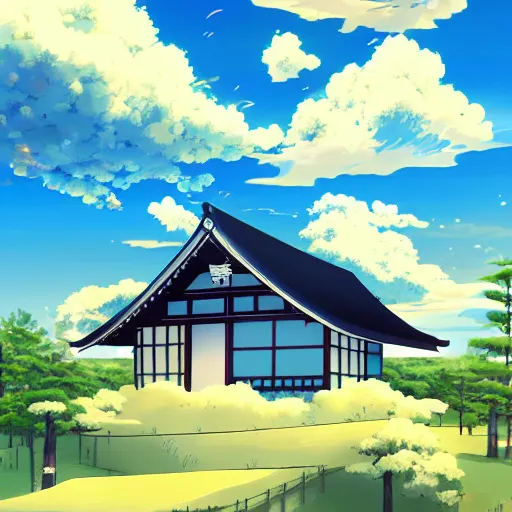 Image similar to a Japanese house and a blue sky with clouds in anime style, in the style of Lampbo Chun on ArtStation and Son Rice on ArtStation, 4k,