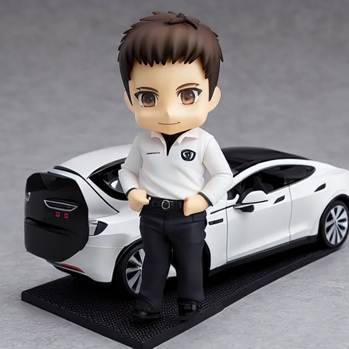 Image similar to a anime nendoroid of elon musk wear white polo and black shoe, car tesla 3, figurine, product photo, detailed