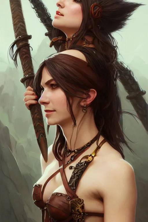Image similar to Portrait of seductive female barbarian, D&D, revealing stylish dress, choker on neck, long flowing hair, mouth slightly open, slight nerdy smile, fantasy, intricate, elegant, highly detailed, digital painting, artstation, concept art, smooth, sharp focus, illustration, art by artgerm and greg rutkowski and alphonse mucha