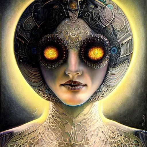 Image similar to beautiful closeup portrait of an art deco faerie queen, glowing eyes. reflective detailed textures, moth wings, highly detailed dark fantasy science fiction painting by tom bagshaw and michael whelan and diego rivera and annie swynnerton and jean delville and moebius and adolf wolfli, elaborate geometric ornament, ancient runes, silver and cool colors. artstation