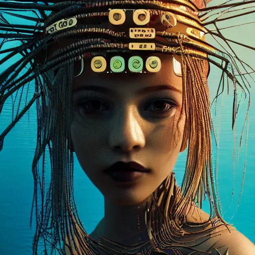 Image similar to piles of modular synth cables mixed with mangrove roots, kawaii puerto rican goddess staring through your soul wearing a headpiece made of circuit boards, by makoto shinkai, masamune, and stanley kubrick, unique perspective, eastman color, trending on artstation, cinematic, 3 d render, photorealistic