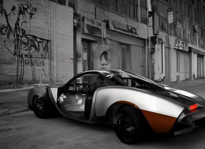 Prompt: wide view shot of a copper colored car with some black and white paint, designed by dmc and gmc, style by john berky and liam wong and michael whelan.