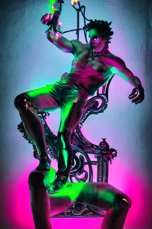 Image similar to full-body rococo and cyberpunk style neon statue of a muscular attractive Cuban papi sim roupa macho dotado e rico android sim roupa reclining con las piernas abiertas e la piroca dura e afuera, glowing red laser eyes, prince crown of red gears, diamonds, swirling black-colored silk fabric. futuristic elements. full-length view. aggressive space robots. giant balloon animals. human skulls. intricate artwork by caravaggio. Trending on artstation, octane render, cinematic lighting from the right, hyper realism, octane render, 8k, depth of field, 3D