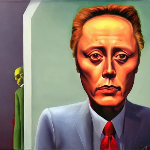 Prompt: christopher walken, portrait, dystopian, pj crook, edward hopper, oil on canvas