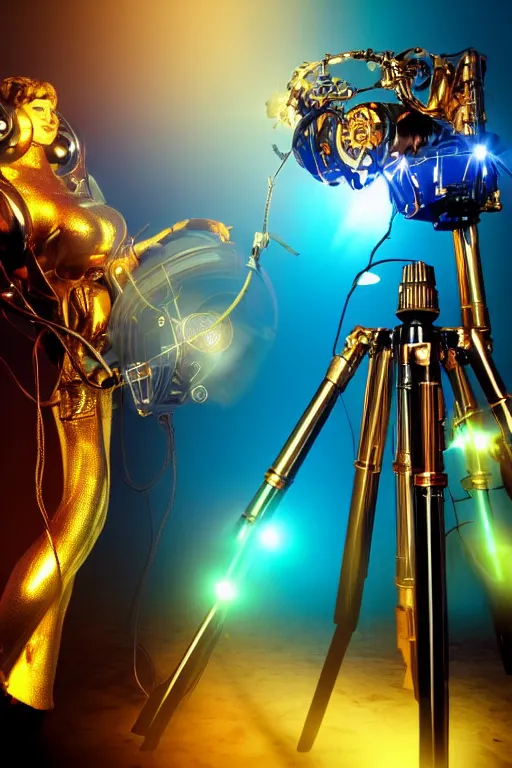 Image similar to portrait photo of a giant huge golden and blue metal humanoid female steampunk robot singer with headphones and gears and tubes, in the foreground is a big red glowing microphone on a tripod, eyes are glowing red lightbulbs, shiny crisp finish, 3 d render, 8 k, insaneley detailed, fluorescent colors, background is multicolored lasershow