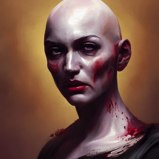 Image similar to painting of a bald woman, sad, cry, gloomy, blood, fire, intricate, elegant, highly detailed, digital painting, artstation, concept art, matte, sharp focus, illustration, octane render, unreal engine, art by aenaluck and roberto ferri and greg rutkowski, epic fantasy, digital painting