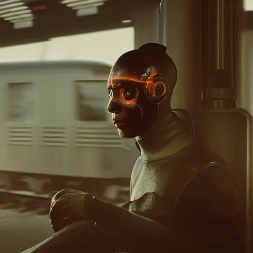 Image similar to photo of cyborg waiting for a train, 1970, soft light, morning light, photorealistic, realistic, octane, 8k, cinematic shot