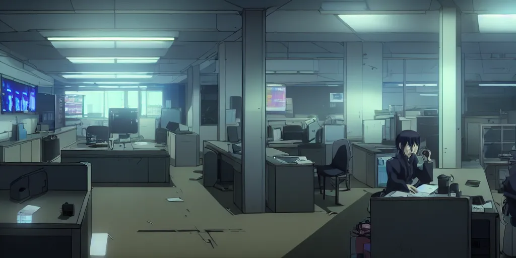 Image similar to an empty quiet quiet after hours cyberpunk police office office in the cyberpunk neon noir anime film, Shichiro Kobayashi, screenshot in the anime series ergo proxy ergo proxy ergo proxy and Detroit metal city, interior