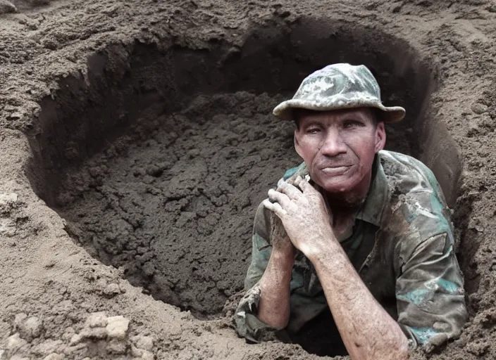 Prompt: a man wearing a dirty gray soldiers uniform living in an 8 foot deep pit made of mud