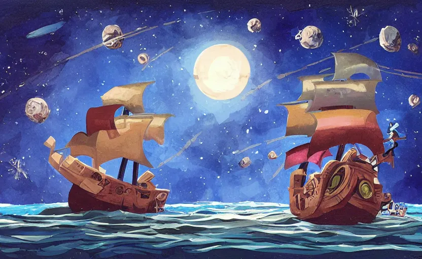 Image similar to pirate ship in space, storybook, gouache, flat, concept art, lush