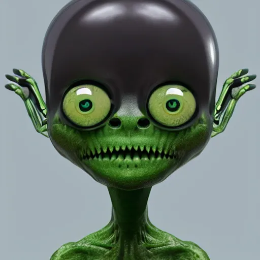 Image similar to an alien with big eyes and a green body, a computer rendering by David Firth, cgsociety, neo-figurative, polycount, zbrush, rendered in maya