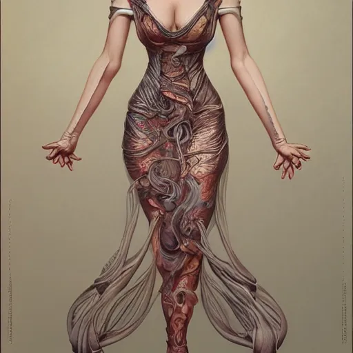 Prompt: wearing a full tight curvy long dress female, soft painting of curiosities and cyber illusions, perfectly detailed linework, symmetrical accurate intricate sensual features, highly detailed, artstation, sharp focus, tom bagshaw