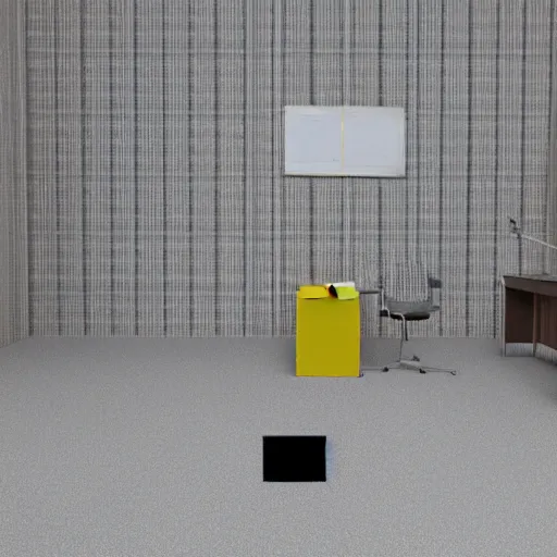 Prompt: 3 d render of jerma 9 8 5, jerma in a liminal space, non - euclidean space, endless halls of an office space, worn light mono - yellow 7 0 s wallpaper, old moist carpet, inconsistently - placed fluorescent lighting, high octane, blender, 3 d render