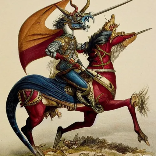 Prompt: French hussar riding a dragon. 19th century battle. Highly detailed art.