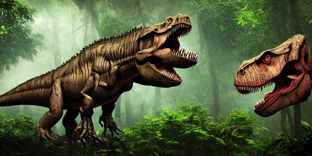 Prompt: photo realism, vary sad, cry tyrannosaurus rex, background jungle, 4 k