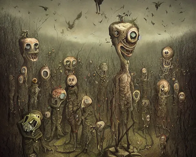 Image similar to a surreal painting of many bizarre otherworldly creatures standing in a small eerie village, by anton semenov and android jones