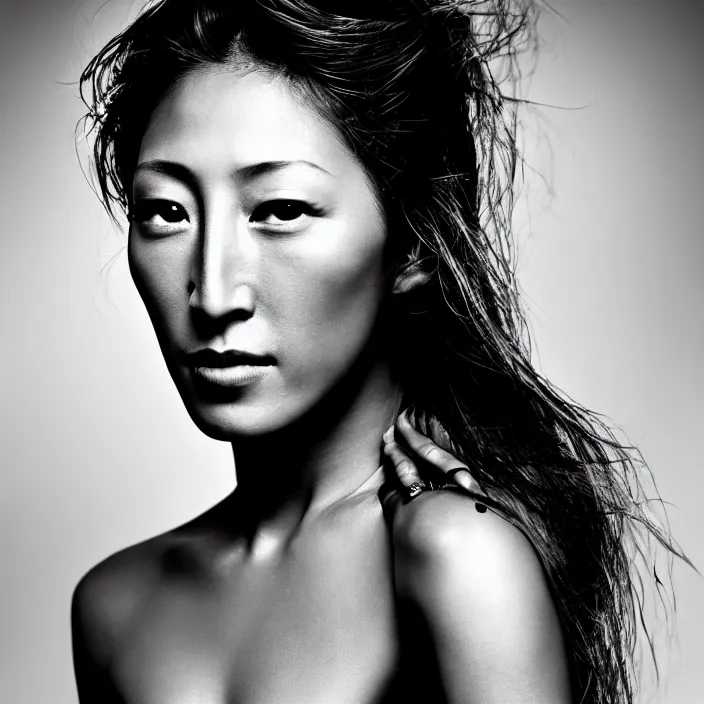 Image similar to photography face portrait on a tropical background of a beautiful woman like dichen lachman, black and white photography portrait, skin grain detail, high fashion, 8 k, ultra sharp focus, studio lighting film noir style photography, by richard avedon, and paolo roversi and nick knight, and hellmut newton,