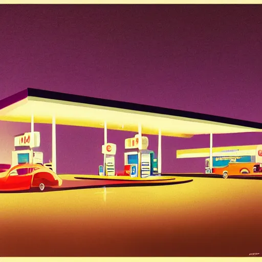 Image similar to a matte painting of a gas station at night by james gilleard, emiliano ponzi, george ault, bauhaus, retrofuturism, concept art, matte background, matte drawing