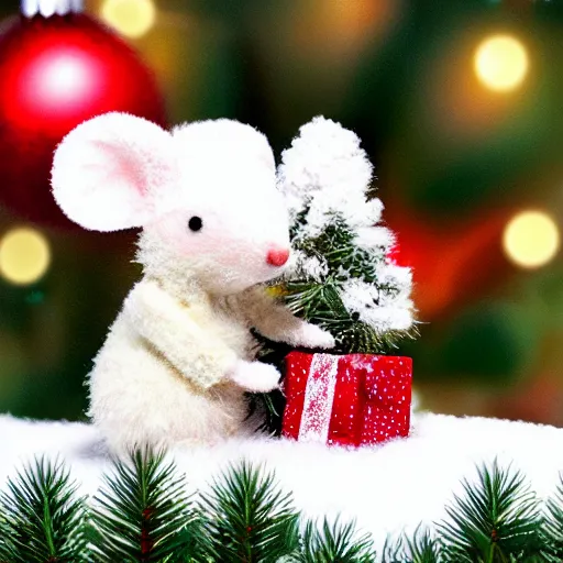 Prompt: cute fluffy mouse sitting by a christmas tree with lights and ornaments and snow detailed painting 4 k