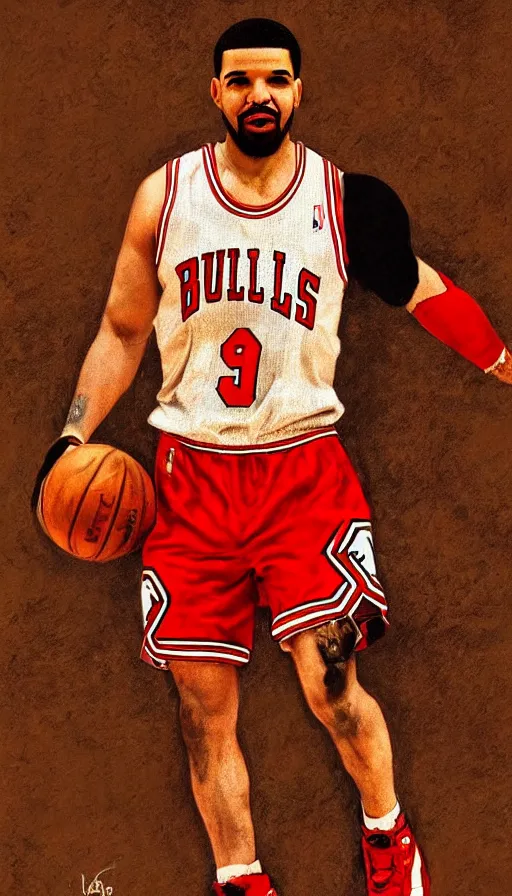 Prompt: happy drake wearing a chicago bulls jersey by leonardo da vinci, brown skin, classical painting, digital painting, romantic, vivid color, oil painting