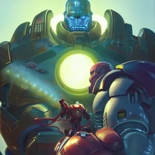 Image similar to portrait of a primaris space marine kissing thanos by jesper ejsing, by rhads, makoto shinkai and lois van baarle, ilya kuvshinov, rossdraws global illumination