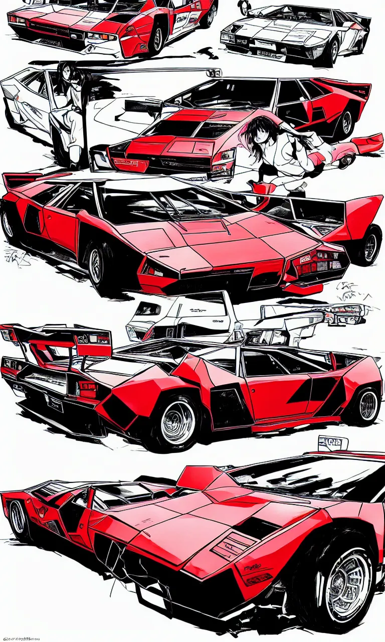 Image similar to a lamborghini countach, anime style, takumi fujiwara