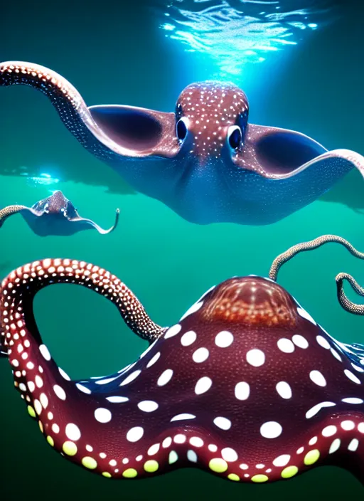 Prompt: realistic detailed image of a white-spotted octopus pointing to three dudes snorkeling at night, cinematic, hyper realism, high detail, octane render, unreal engine, 8k, extremely detailed, 8k.