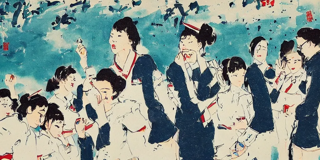 Image similar to in the afternoon at school, a beautiful girl kill her boyfriend as a group of students in sailor uniforms watch by wu guanzhong