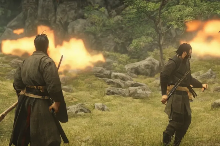 Image similar to keanu reeves in ghost of tsushima, cinematic, video game screenshot