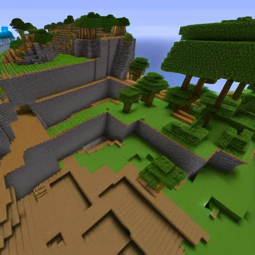 Image similar to an ancient minecraft city near jagged peaks next to a mangrove swamp with luch caves near the ocean with a ruined portal nearby