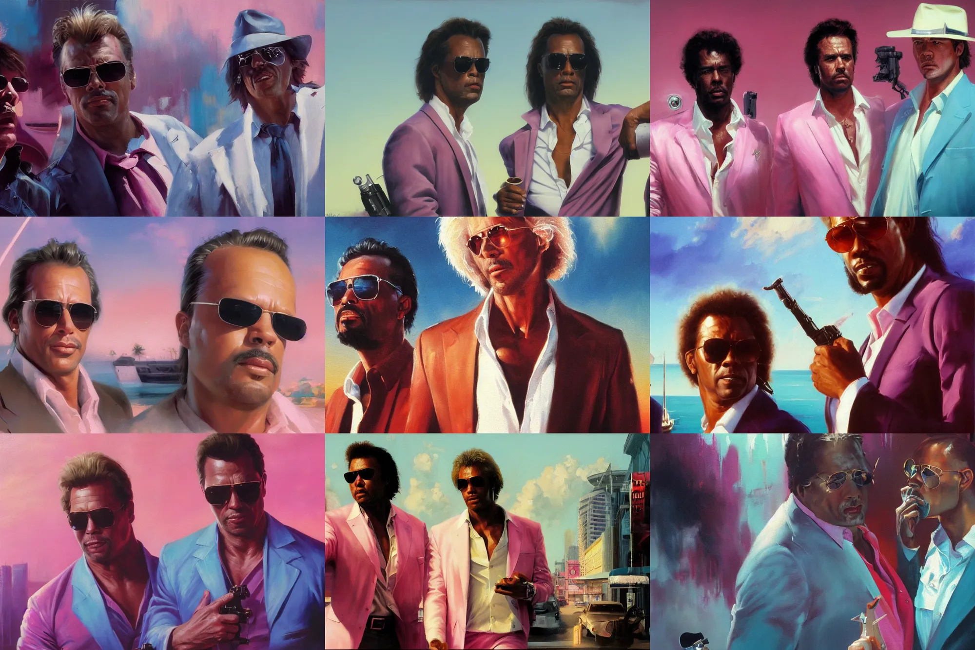 Prompt: an oil painting closeup of crockett and tubbs, eighties miami vice, ultra realistic, highly detailed, masterpiece, cinematic by frank frazetta, greg rutkowski, beeple, yoko taro, christian macnevin, beeple, wlop, krenz cushart, epic fantasy character art, volumetric lighting, cgsociety, pink and teal