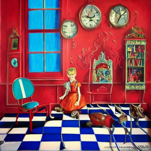 Prompt: alice in the wonderland, sitting, checkered floor, chair, blue dress, red door blonde, light by cheval michael, walls