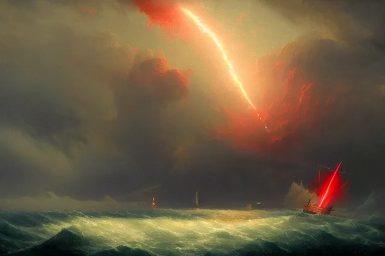 Image similar to A beautiful matte painting of huge spherical alien spaceship attacking with powerful red lasers a Sailship in ocean in thunderstorm by Greg Rutkowski and Ivan aivazovsky