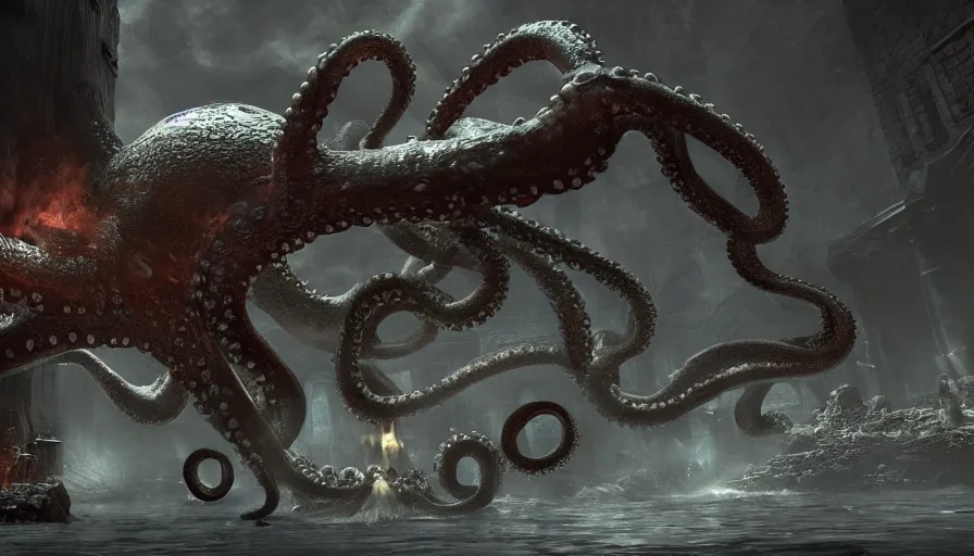 Prompt: Octopus monster, Dark Souls screenshot, boss fight, epic composition, grainy, gritty, concept art, 8K, highly detailed