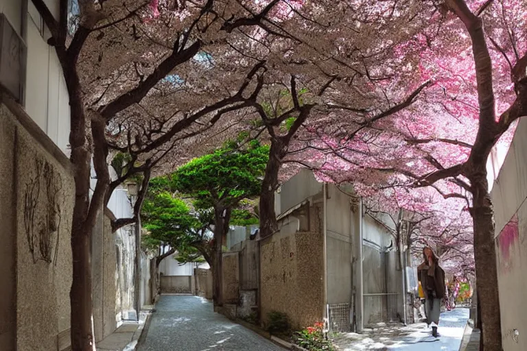 Image similar to beautiful Japanese anime alleyway with sakura trees, art by Vincent Di Fate, rule of thirds