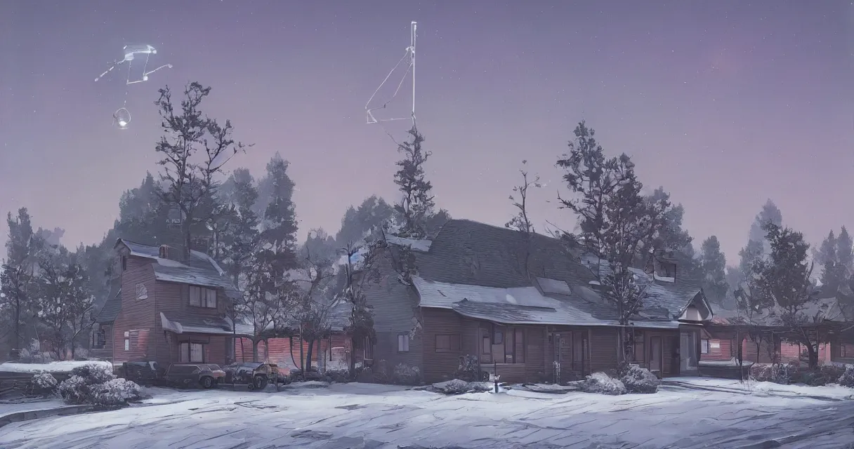 Prompt: A suburban home with a car parked out front. A colossal robot looms on the horizon beautiful beautiful beautiful painting, simon stalenhag, tales from the loop, trending on artstation