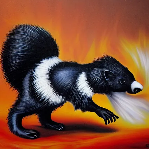 Image similar to skunk with shades walking from an explosion, front view, professional oil painting, highly detailed