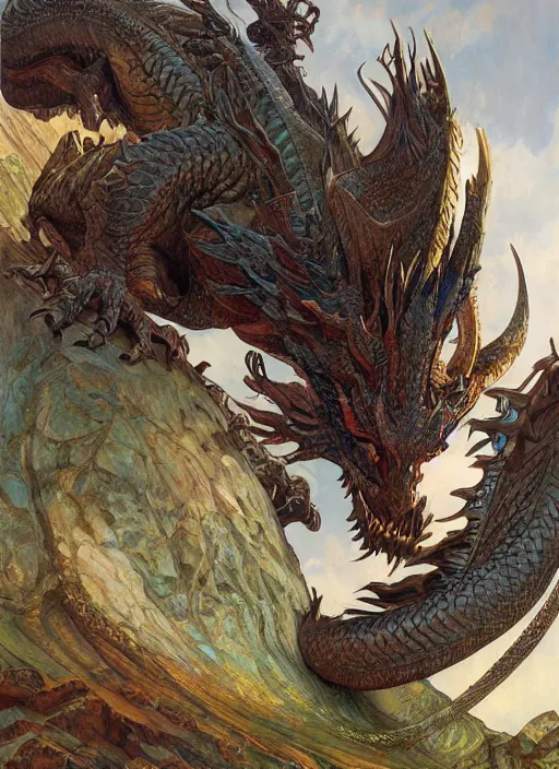 Image similar to Colossal dragon perched on an escarpment, intricate, highly detailed, centered, digital painting, artstation, concept art, smooth, sharp focus, illustration, art by Kekai Kotaki and donato giancola and alphonse mucha