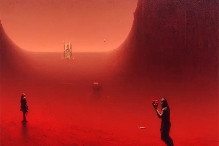 Image similar to only with red, a red god of death eat apple, a futuristic city on mars in background, an ancient path, pathos, in the style of beksinski, part by hopper, part by rodcenko, part by hofbauer, intricate composition, red by caravaggio, insanely quality, highly detailed, masterpiece, red light, artstation