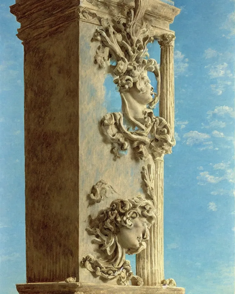 Image similar to achingly beautiful painting of intricate ancient roman corinthian capital on a baby blue background by rene magritte, monet, and turner. giovanni battista piranesi.