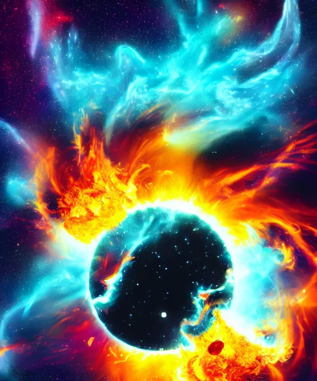 Image similar to black hole, sun, space, bright colors, phoenix flames, nebula clouds, soft tones