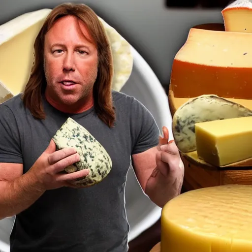 Prompt: alex jones eating a large wheel of cheese, high definition, photo realistic