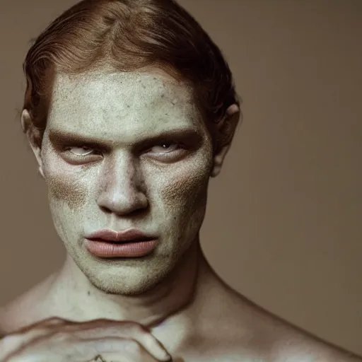 Image similar to a muted colors natural portrait photograph of shrek, editorial story, Vogue Italy, editorial photography