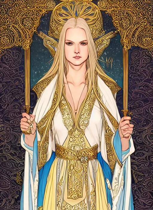 Prompt: portrait of a alluring young priestess in ornamental white robes, gold accessories, face details, blond hair, ponytail, white skin, blue eyes, sharp focus, award - winning, masterpiece, highly detailed, intricate, by rebecca guay, rossdraws, tarot card border