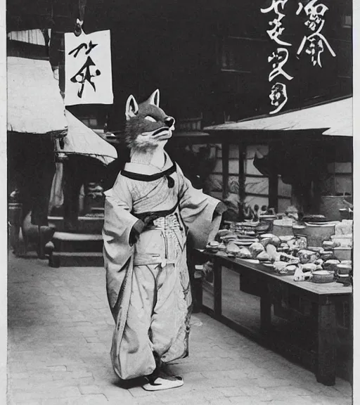 Image similar to 1 8 th century japanese street market in kyoto, 1 9 0 0 s photography, portrait anthro anthropomorphic fox head animal person fursona wearing clothes street trader